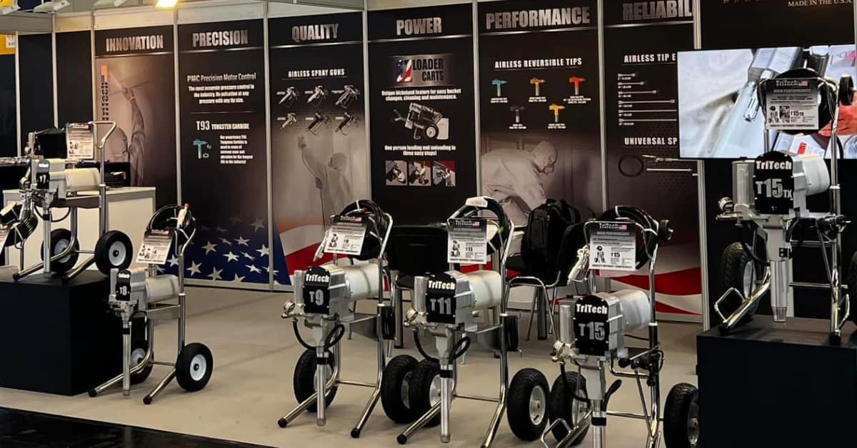 airless spray equipment on showroom floor showing parts and accessories