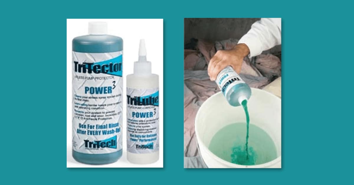 2 bottles of The Airless Sprayer Protector: TriTector with POWER3 and hand pouring liquid into bucket