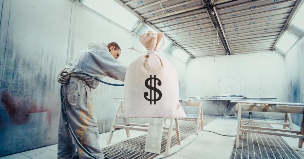 painter in paint shop with bag and dollar sign
